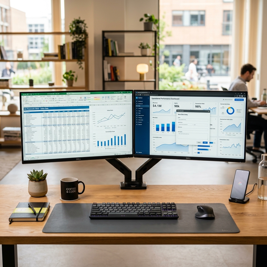 A professional looking at a workspace screen mapping out benchmarking requirements