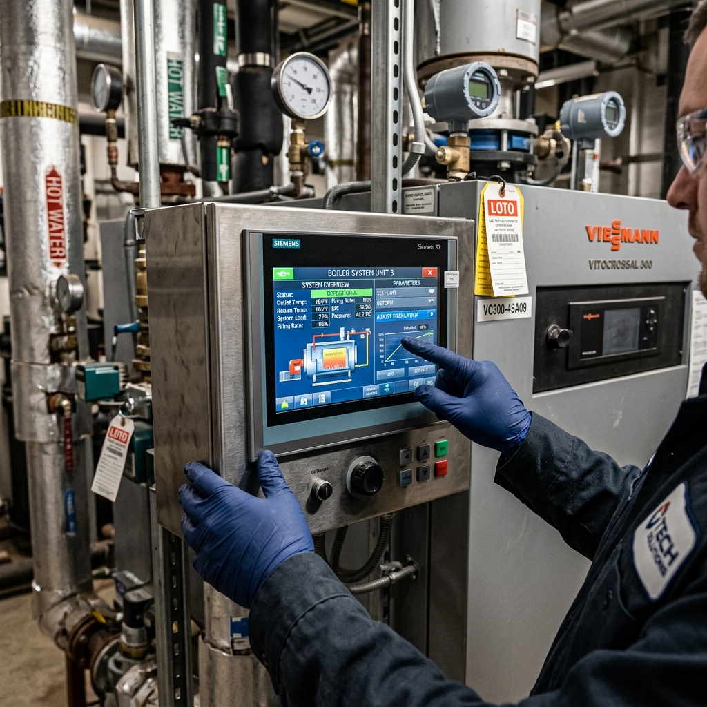 Building technician inspecting high-efficiency boiler system
